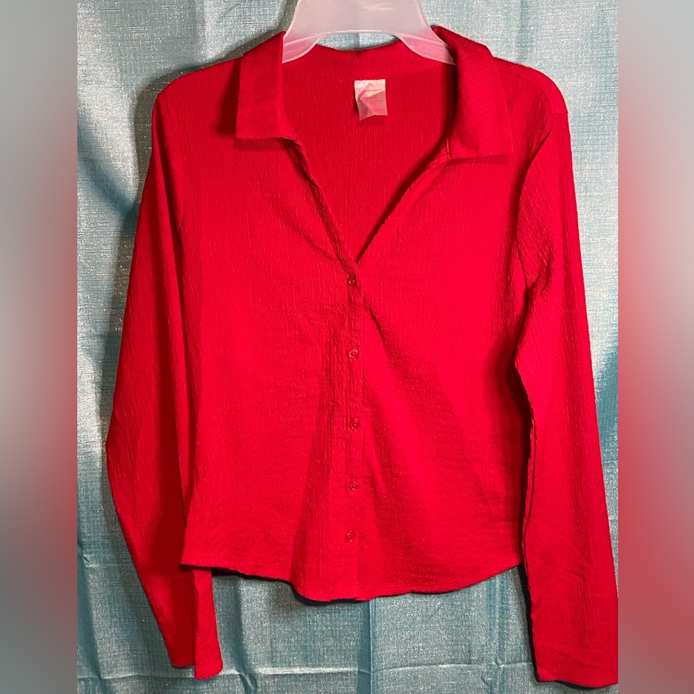 Women’s Large Red Button Up Ladies Shirt New Collared Long Sleeve Thin Top